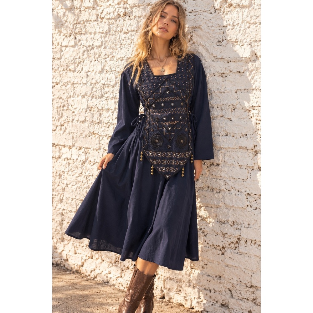 Renaissance Inspired Blue Cotton Corset Embroidered Beaded Midi Dress M